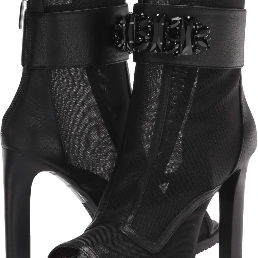Karl Lagerfeld Black Peep-Toe Ankle Booties with Embellished Strap